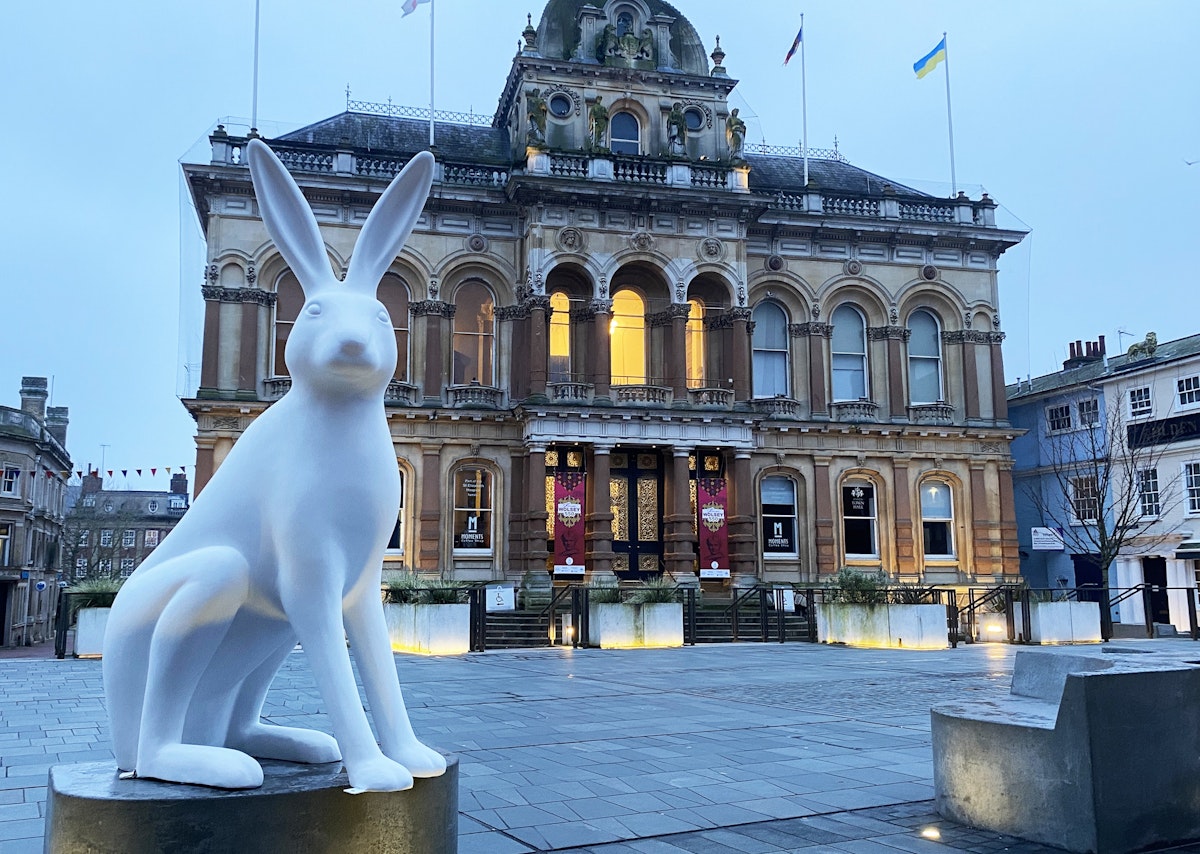 Giant hare sculpture outside the town hall in Ipswich